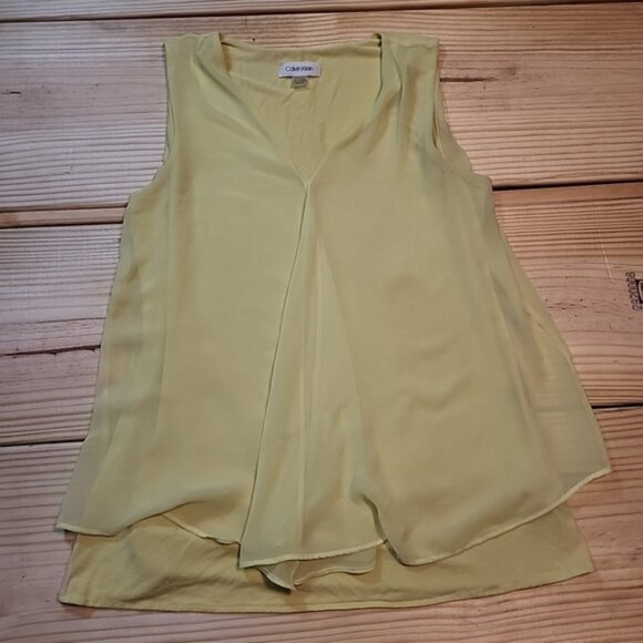Calvin Klein Womens S Top Yellow Stretch CK Hem Logo Blouse Sleeveless Crew Neck - Picture 1 of 11